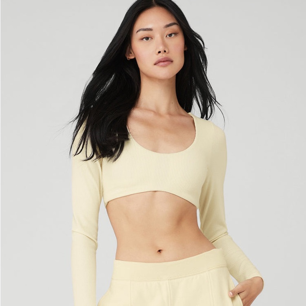 Alo Yoga Ribbed Defined Long Sleeve Bra French Vanilla (butter yellow)